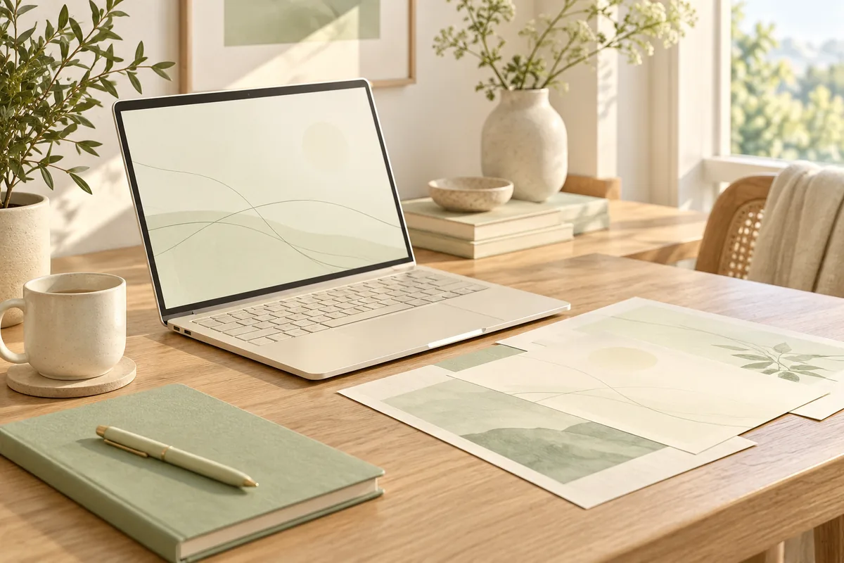 AI-generated editorial image of a light programming desk with a cream laptop and sage reference sheets.