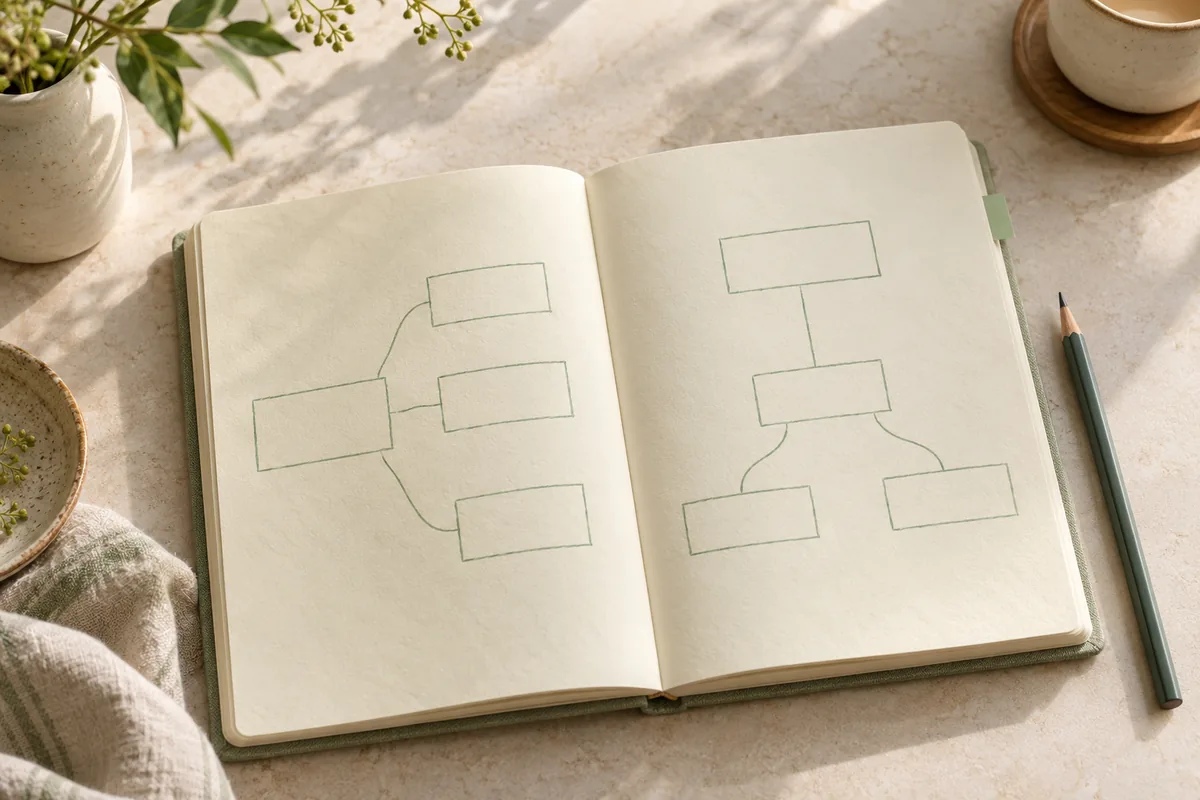 AI-generated editorial image of an open cream research notebook, pencil and sage diagram notes.