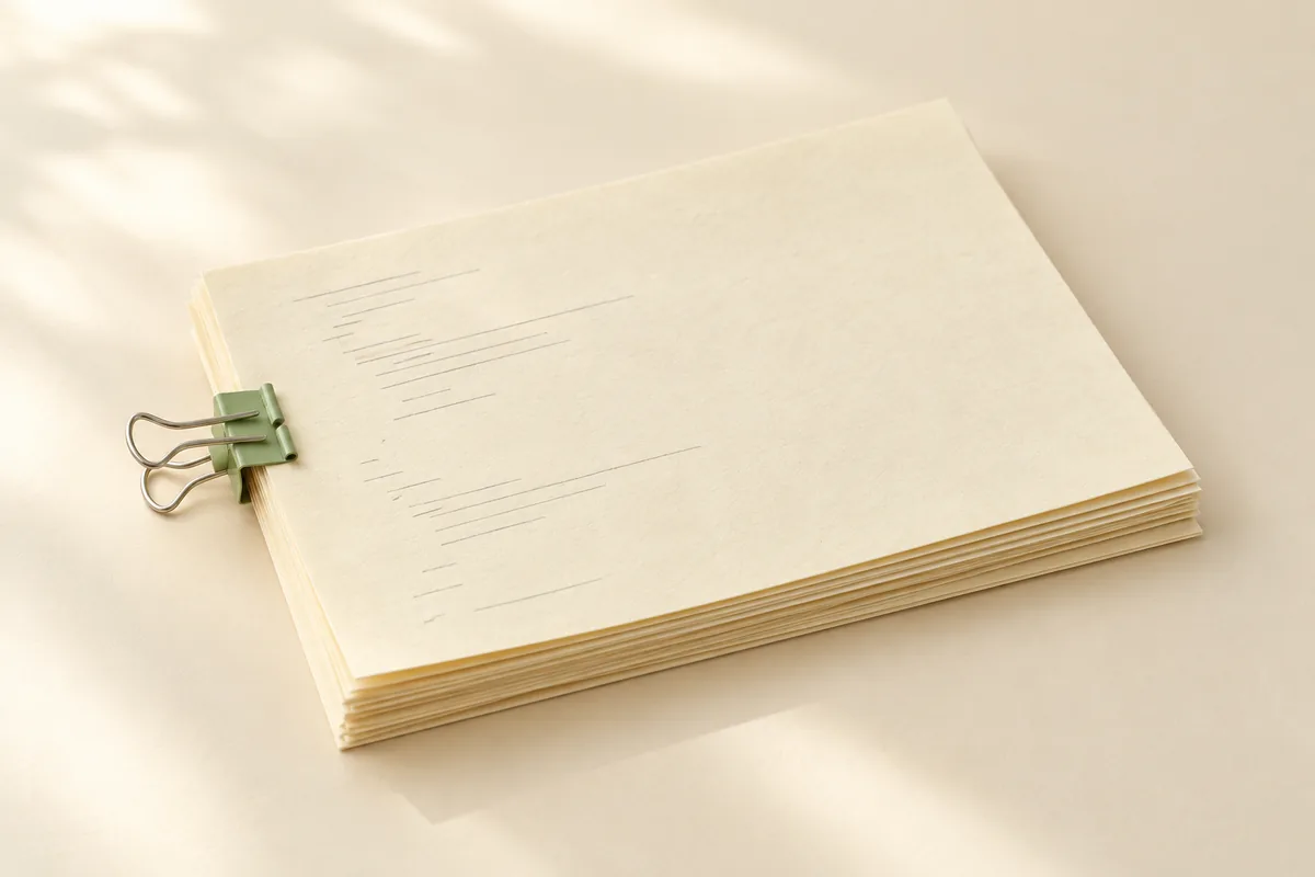 AI-generated editorial image of archival reference sheets and a pale sage binder clip on an ivory desk.